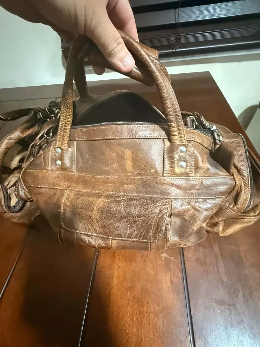 Vintage Distressed Brown Genuine Leather Duffel Travel Bag Made in Mexico